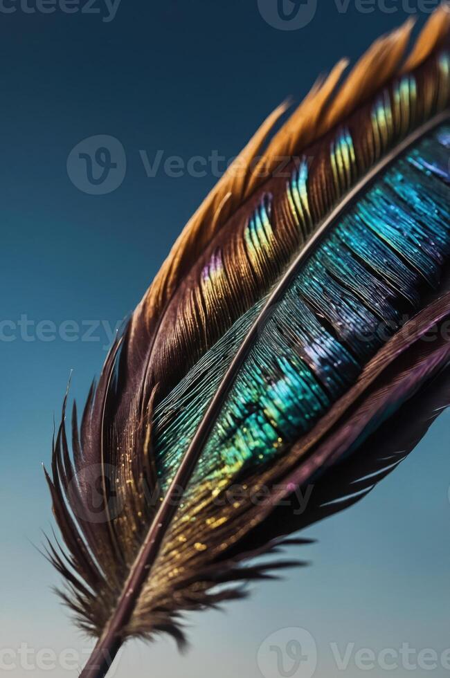 A close-up of a vibrant feather showcasing iridescent colors against a gradient background. photo