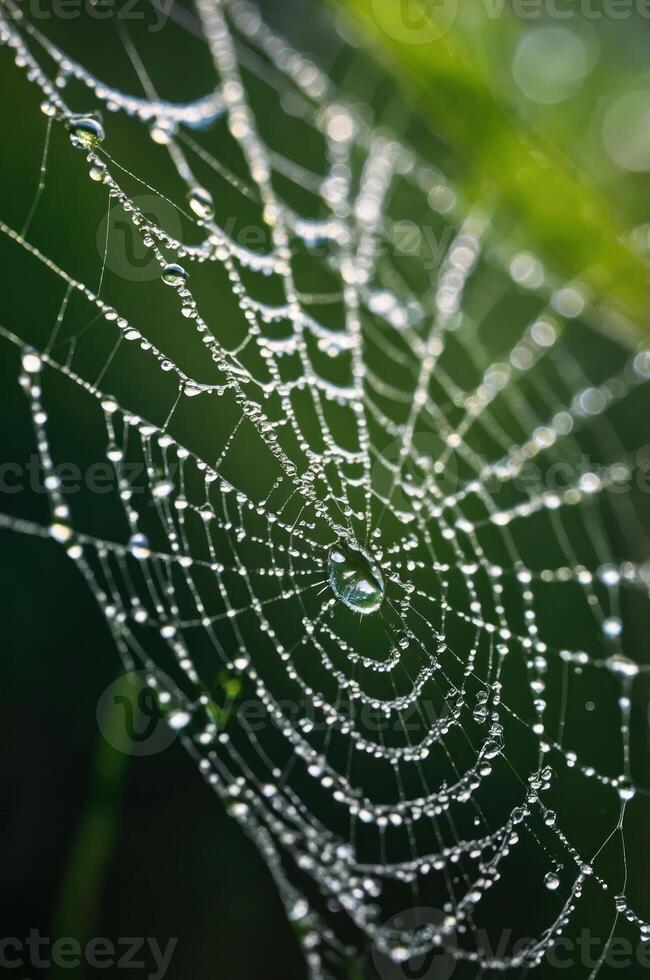 A close-up of a spider web adorned with dew drops, highlighting nature's intricate beauty. photo