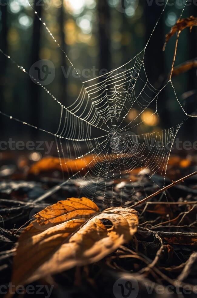 A close-up of a spider web adorned with dew, surrounded by autumn leaves in a forest. photo
