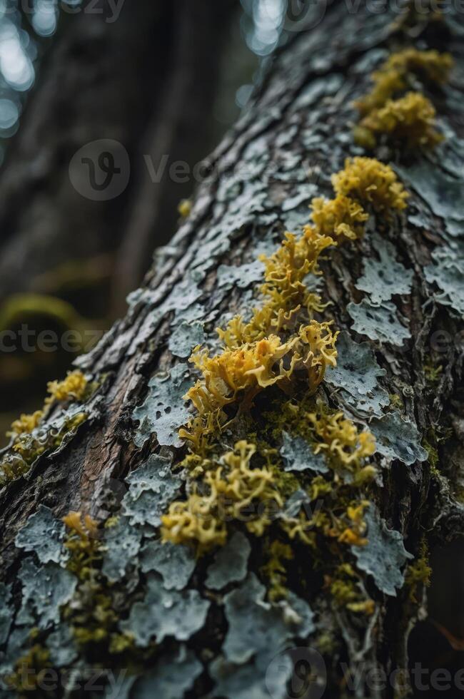 Close-up of textured tree bark adorned with vibrant moss and lichen. photo