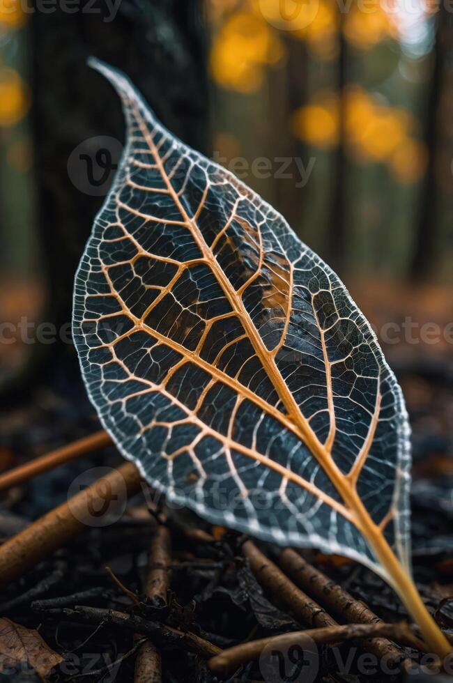 A close-up of a delicate leaf showcasing intricate vein patterns against a blurred forest backdrop. photo