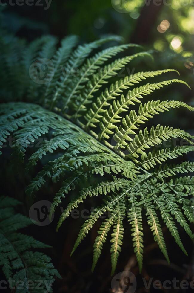 Lush green fern leaves illuminated by soft light, showcasing nature's intricate patterns. photo
