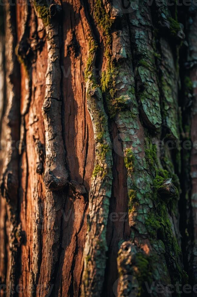 Close-up of textured tree bark with moss, showcasing natural patterns and colors. photo