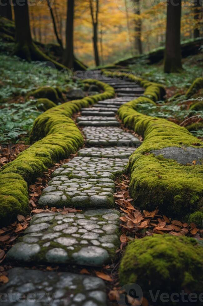 A serene stone pathway winding through a lush, moss-covered forest in autumn. photo