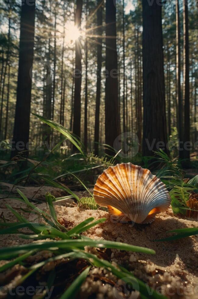 A scallop shell rests on sandy ground amidst tall trees and sunlight filtering through. photo