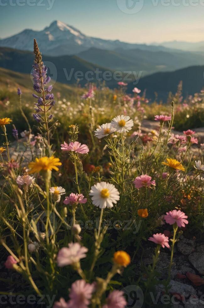 A vibrant field of wildflowers with a mountain backdrop during golden hour. photo