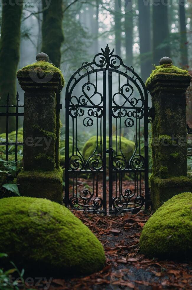 A misty forest gate surrounded by moss-covered stones, inviting exploration. photo