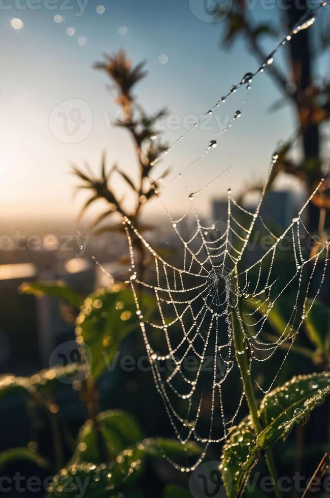 A close-up of a spiderweb adorned with dew drops, illuminated by soft morning light. photo