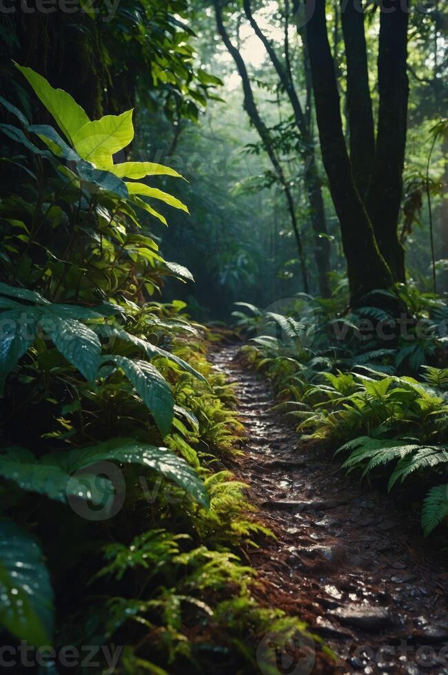 A serene forest path surrounded by lush greenery and soft light filtering through trees. photo