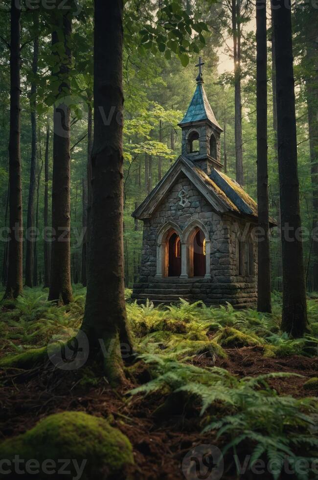 A quaint stone chapel nestled in a lush, green forest, illuminated by soft light. photo
