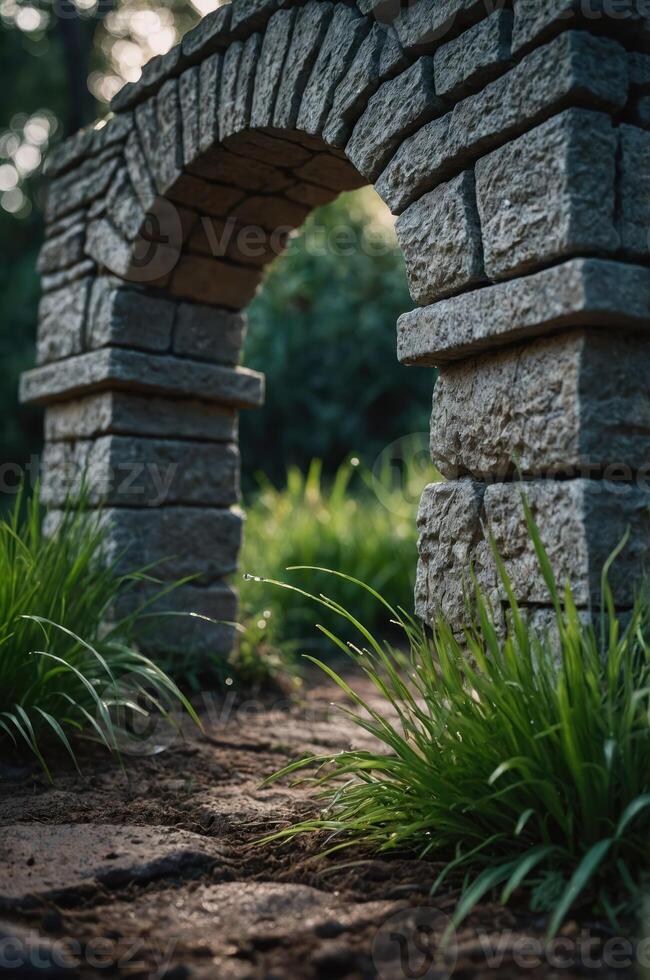 A stone archway surrounded by lush grass in a serene outdoor setting. photo