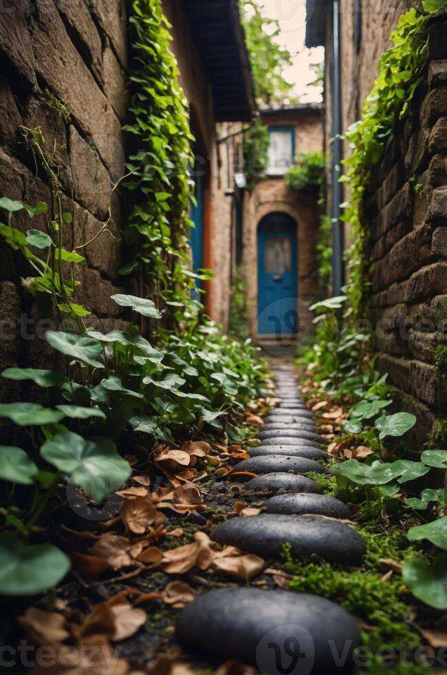 A serene alleyway lined with stones and greenery, leading to a blue door. photo