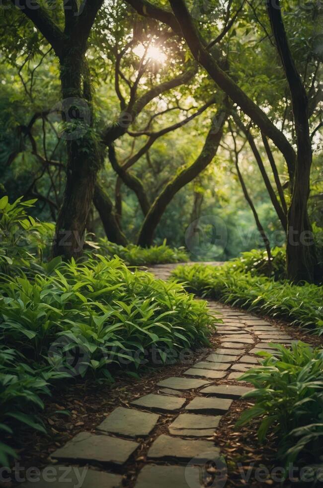 A serene pathway winds through a lush forest filled with greenery and soft sunlight. photo