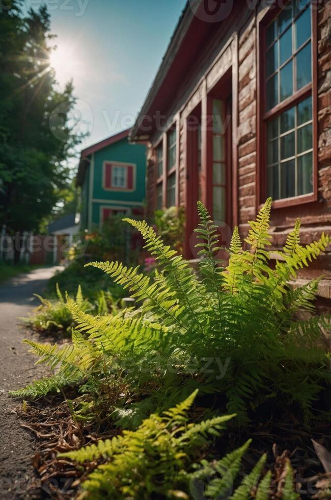A vibrant fern grows beside a charming alleyway with colorful houses in the background. photo