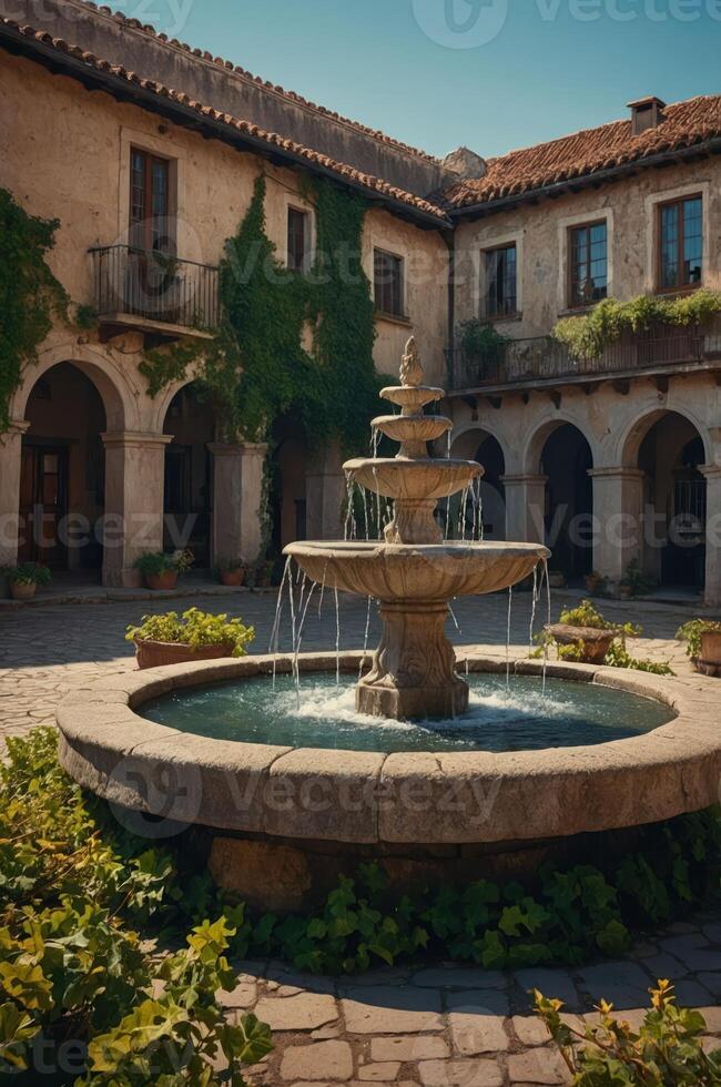A serene courtyard featuring a central fountain surrounded by lush greenery and stone architecture. photo