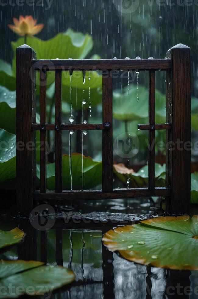 A serene wooden gate amidst rain-soaked lily pads and lush greenery. photo