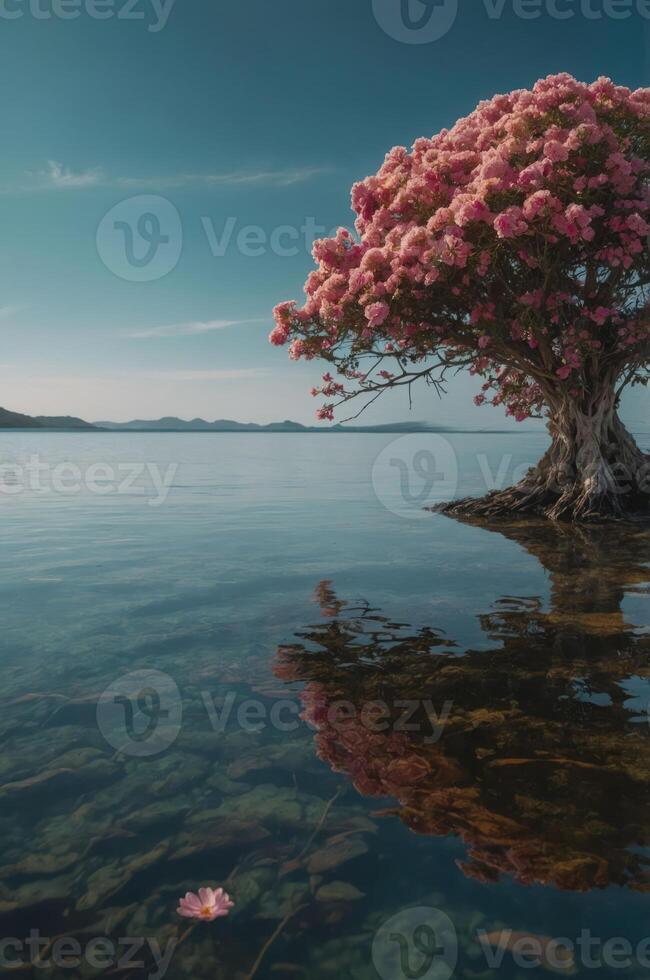A vibrant pink tree stands in calm water, reflecting the serene landscape under a clear sky. photo