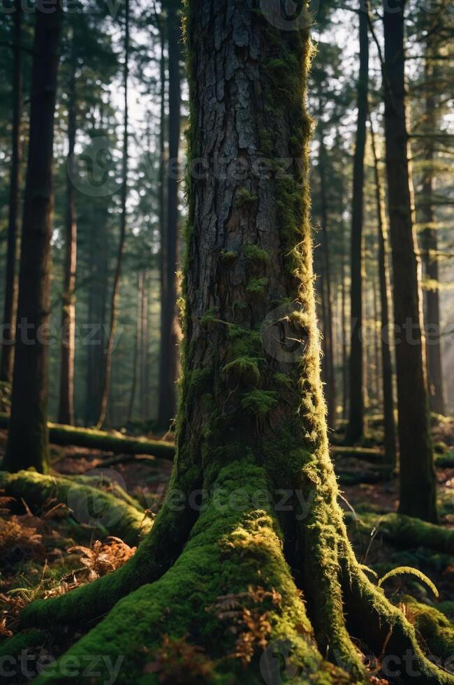 A serene forest scene featuring a moss-covered tree trunk amidst tall trees. photo