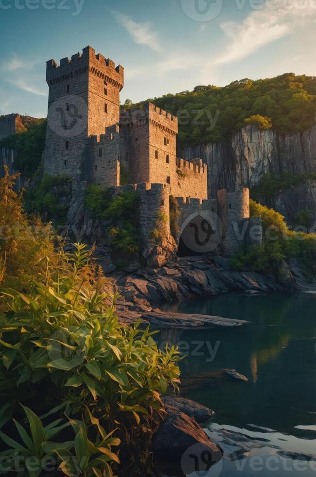 A medieval castle surrounded by lush greenery and a tranquil water body at sunset. photo