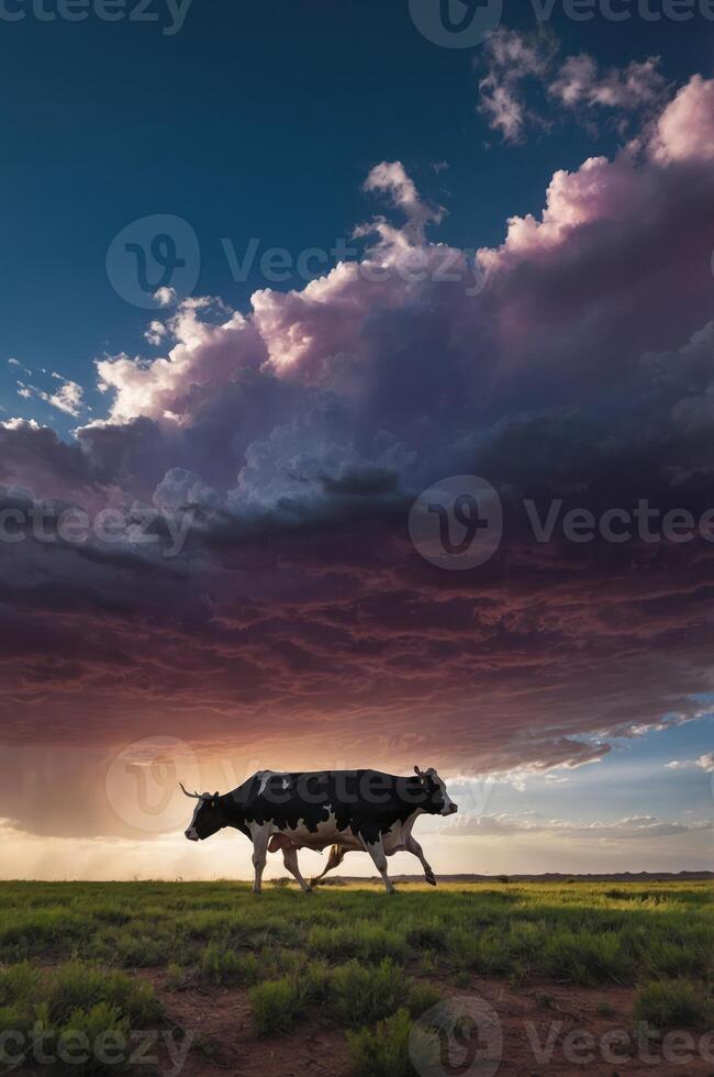 A cow walks across a grassy field under a dramatic sky filled with clouds at sunset. photo