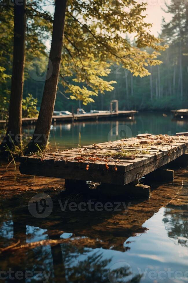 A serene lakeside view featuring a wooden dock surrounded by trees and calm waters. photo