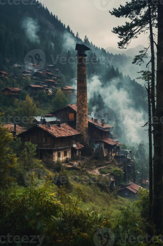 A misty mountain village with rustic houses and a tall chimney, surrounded by trees. photo