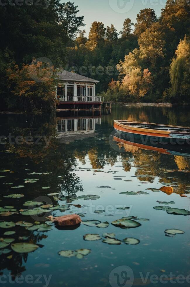 A serene lakeside scene with a boat and reflections of trees and a gazebo. photo