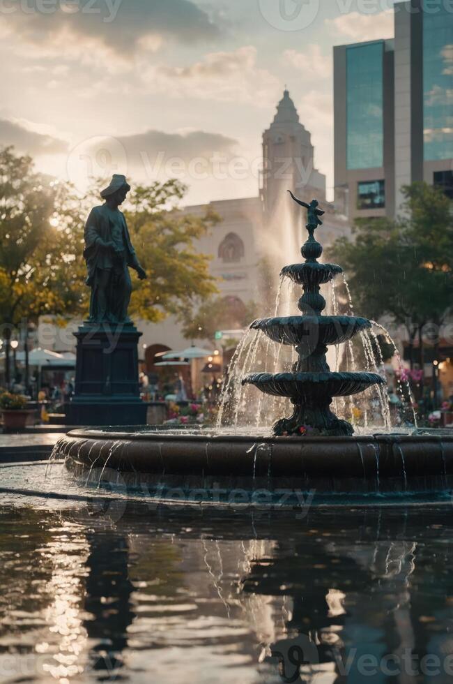 A serene fountain in a city square, surrounded by trees and a statue, under a sunset sky. photo