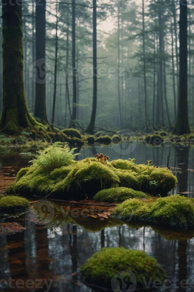 A serene forest scene with moss-covered rocks reflecting in still water. photo