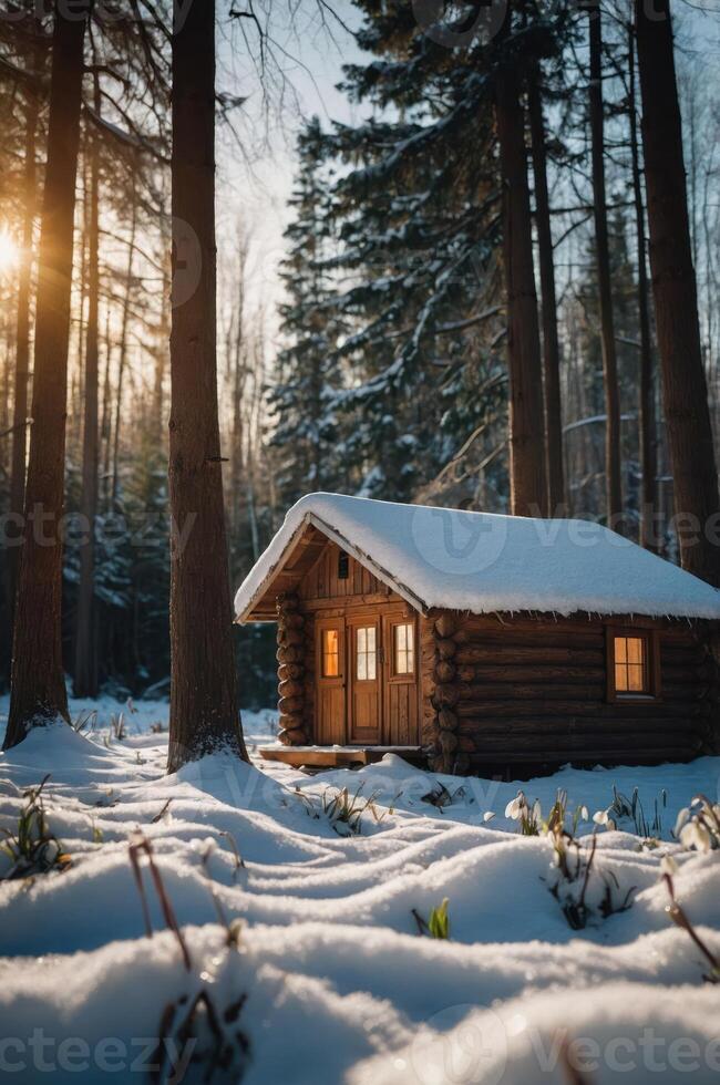A cozy log cabin nestled in a snowy forest during sunset. photo