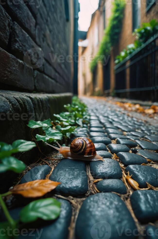 A snail crawls along a cobblestone path in a serene alley, surrounded by greenery and autumn leaves. photo