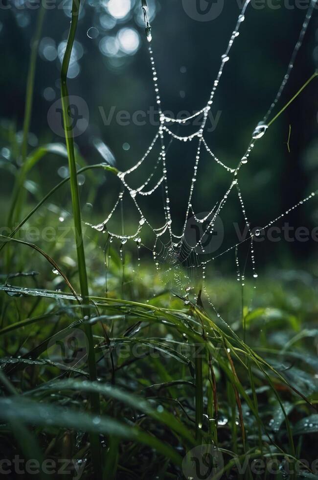 A close-up of a spider web adorned with dew drops in a grassy environment. photo