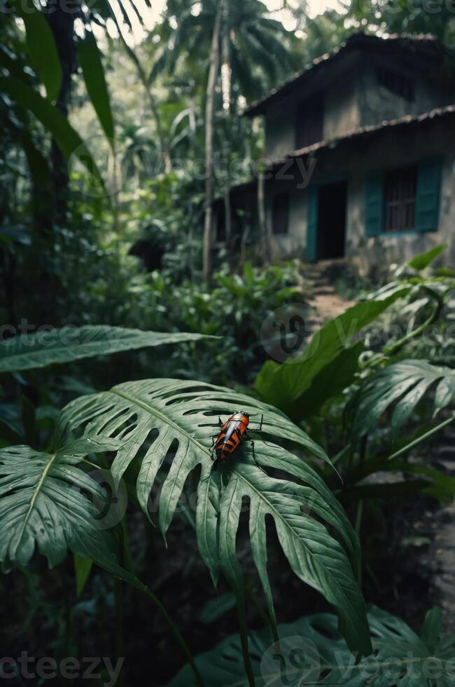 A colorful insect rests on a leaf in a lush, green environment near a rustic house. photo