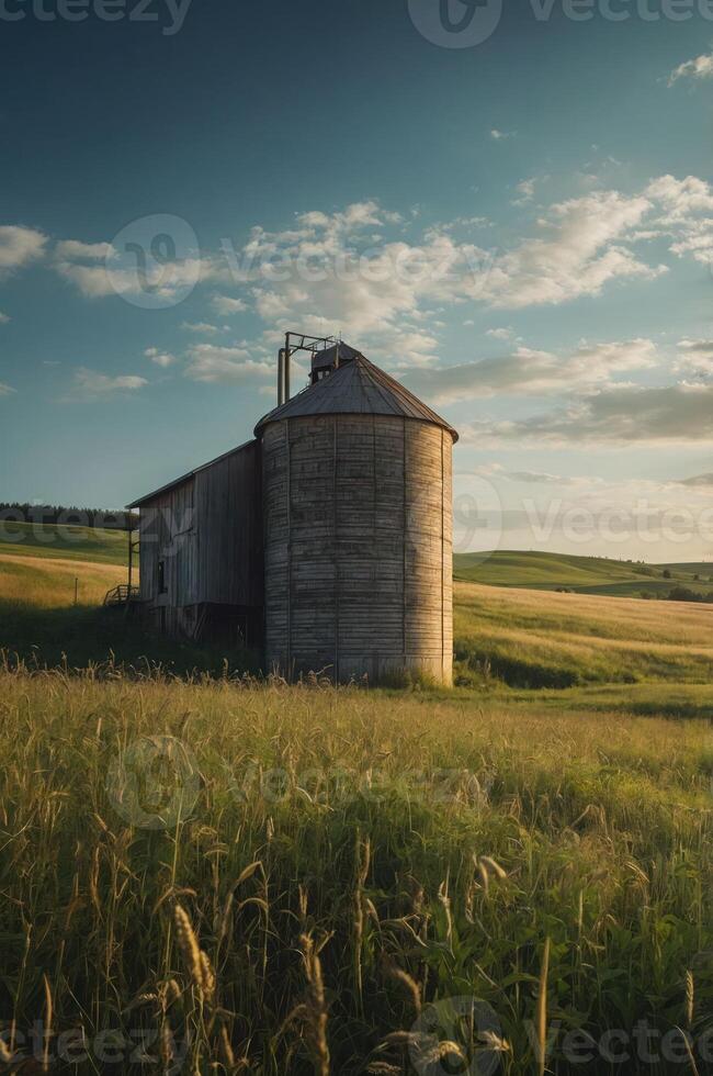 A rustic silo beside a weathered barn, surrounded by golden fields under a blue sky. photo
