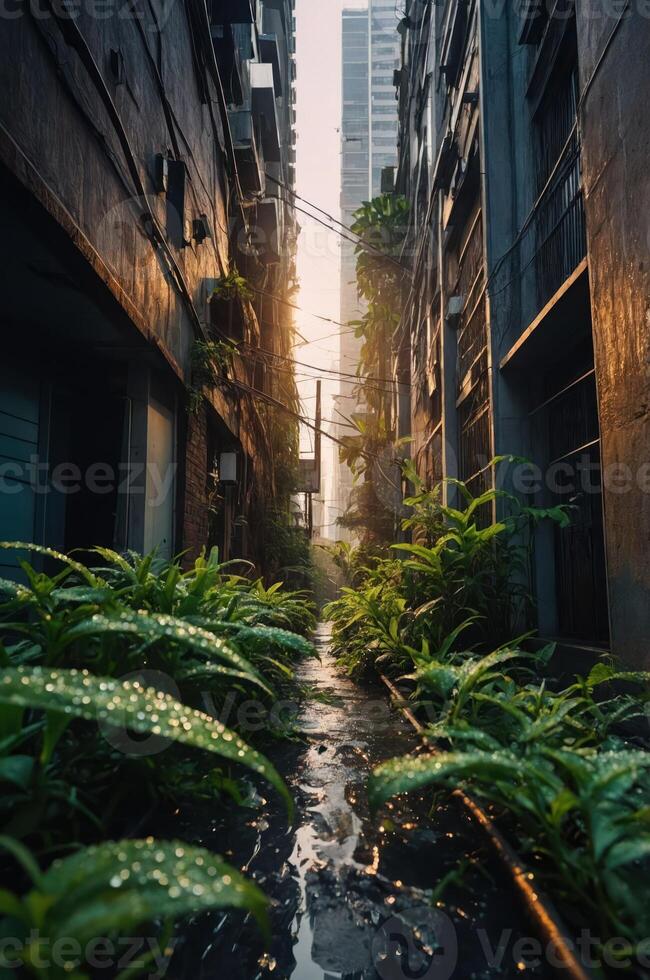 A narrow alleyway adorned with lush plants and soft sunlight filtering through buildings. photo