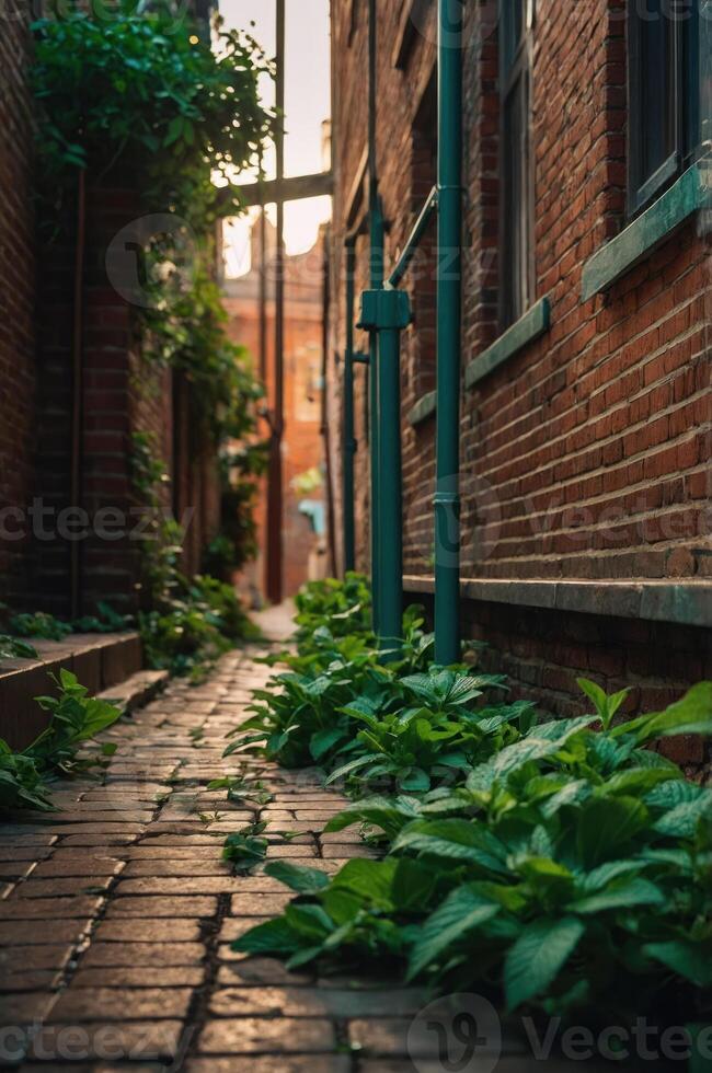 A narrow alleyway with brick walls, plants growing along the path, and soft evening light. photo