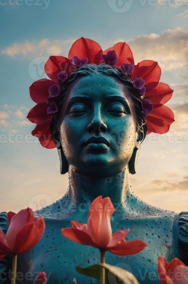 A serene statue of a woman adorned with a floral crown, surrounded by blooming tulips. photo