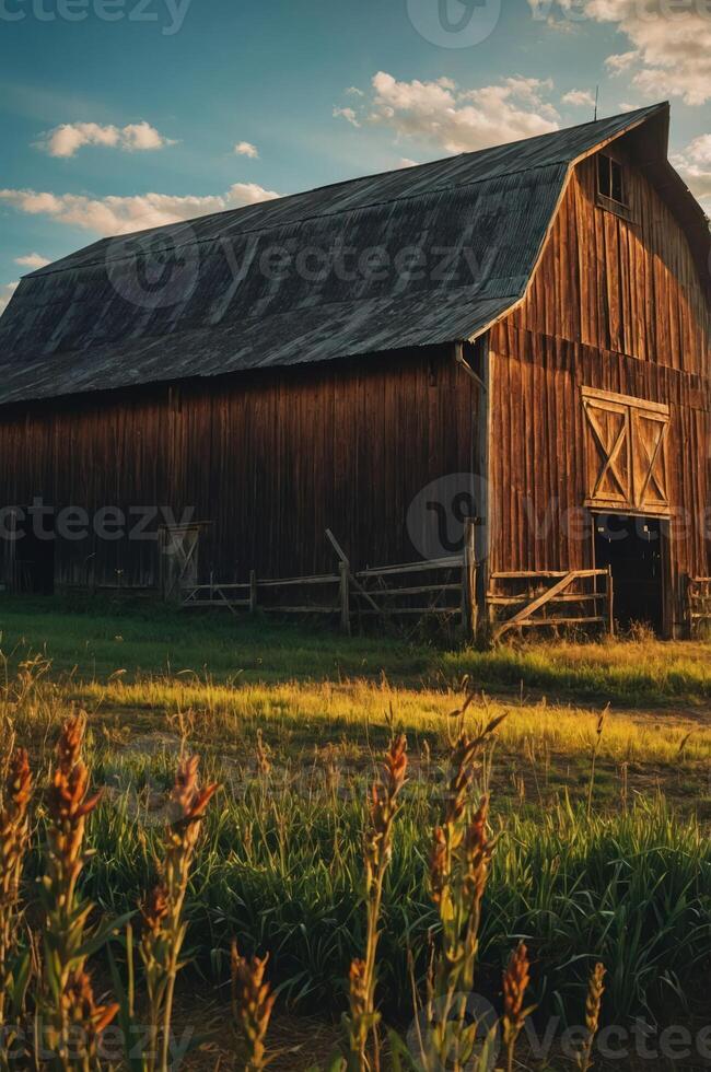 A rustic barn stands amid golden fields under a vibrant sky, evoking a serene countryside. photo