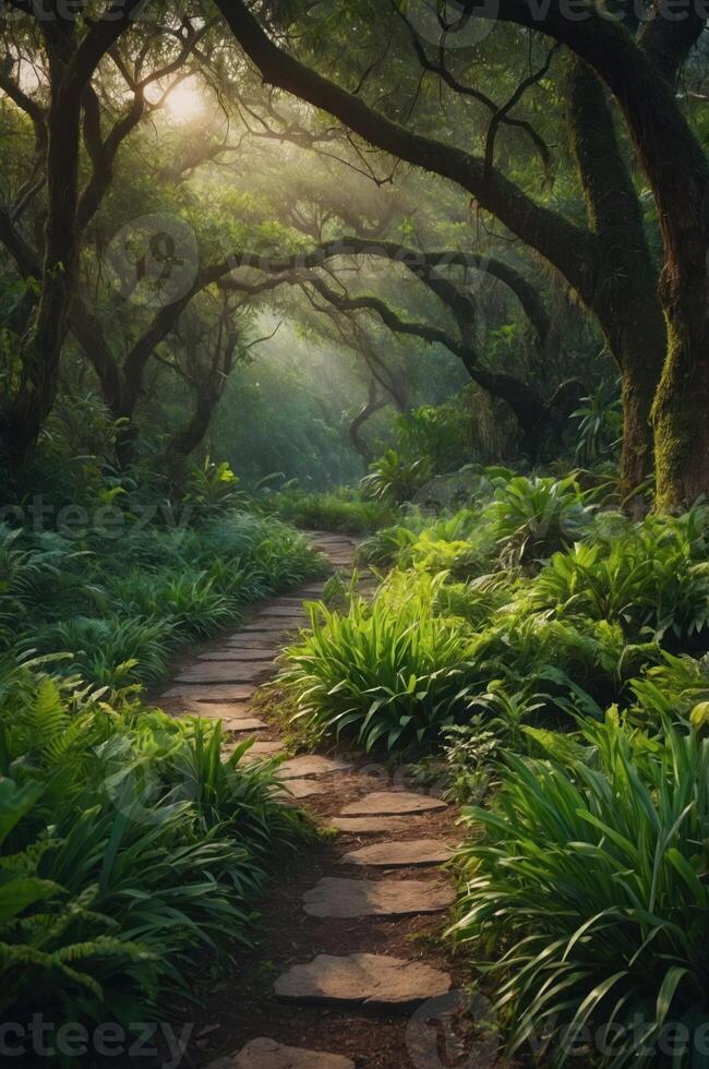 A serene forest path surrounded by lush greenery and dappled sunlight. photo