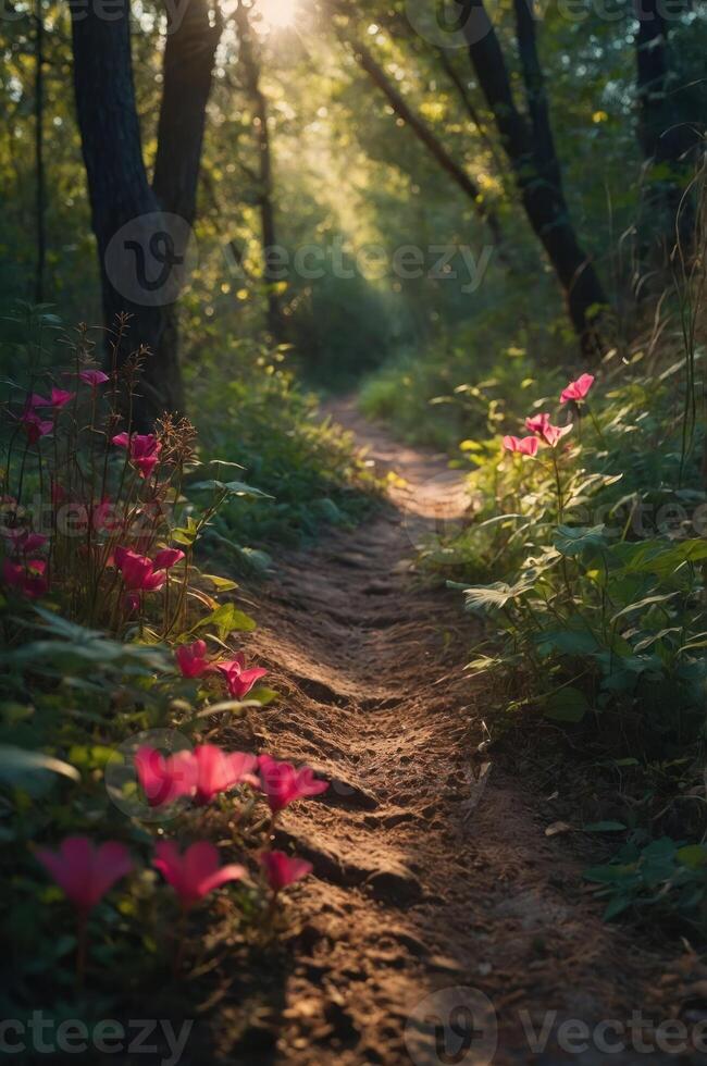 A serene forest path lined with vibrant pink flowers, inviting exploration and tranquility. photo