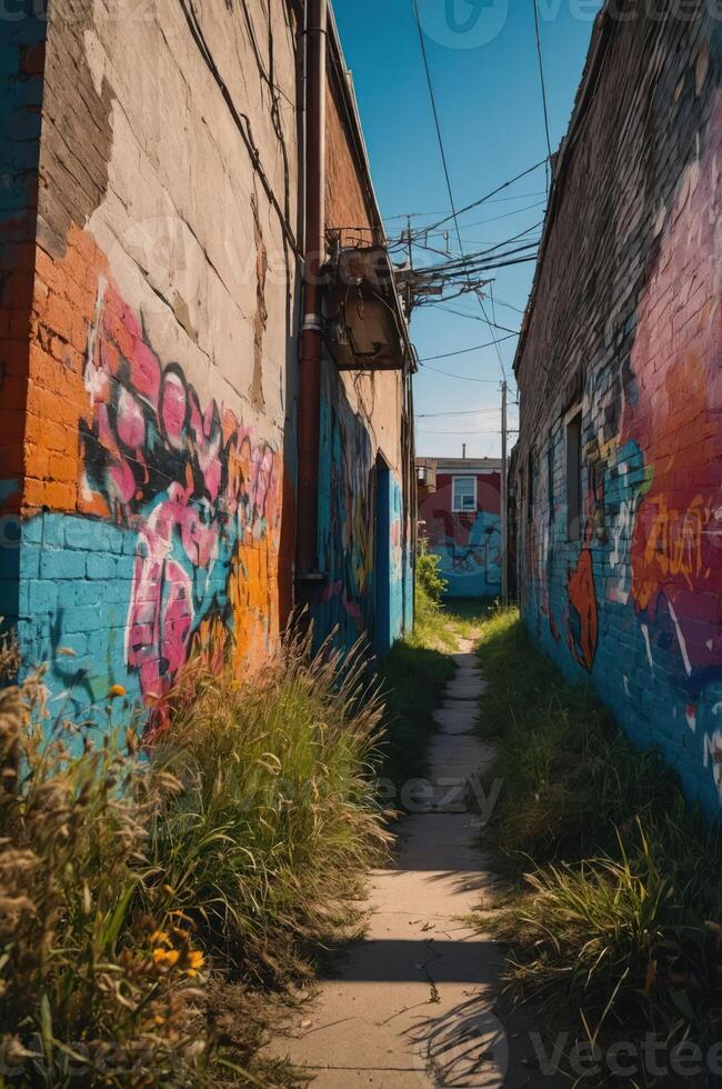 A narrow alleyway adorned with colorful graffiti and overgrown grass, showcasing urban art. photo