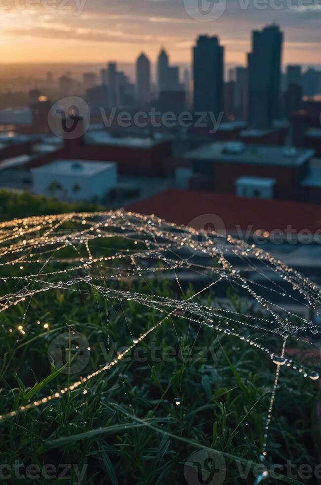 A close-up of a dew-covered spider web with a city skyline in the background at sunrise. photo