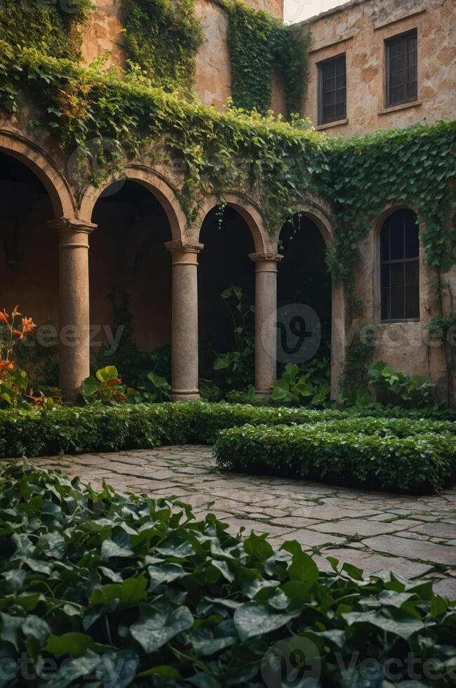 A serene courtyard with stone arches, lush greenery, and a tranquil atmosphere. photo