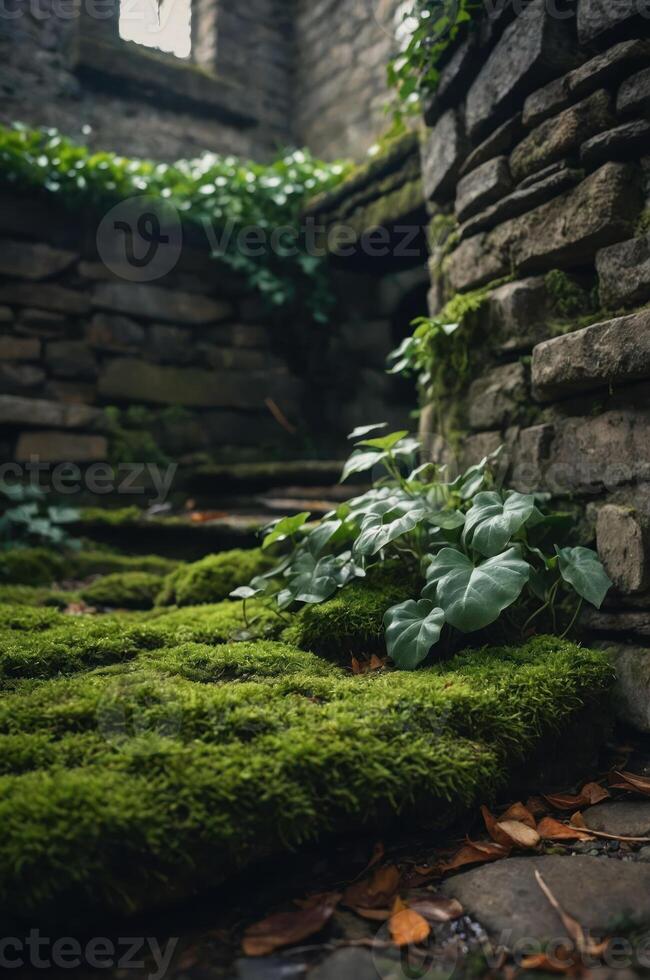 A serene, moss-covered pathway in a stone structure, surrounded by greenery. photo