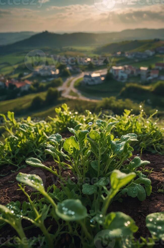 Lush greenery in the foreground with a scenic view of a village and rolling hills at sunset. photo
