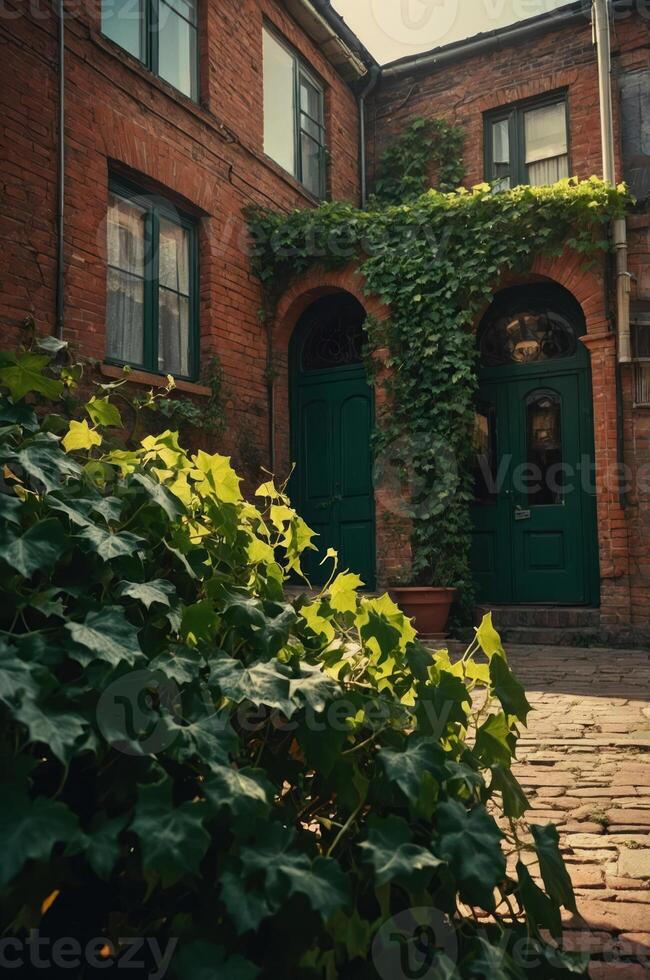 A charming courtyard with brick walls, green doors, and lush ivy creating a serene atmosphere. photo