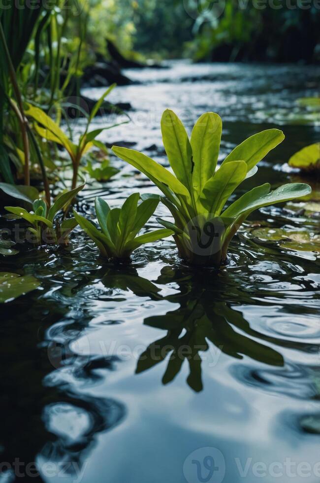 A serene view of water plants growing in a tranquil stream surrounded by lush greenery. photo