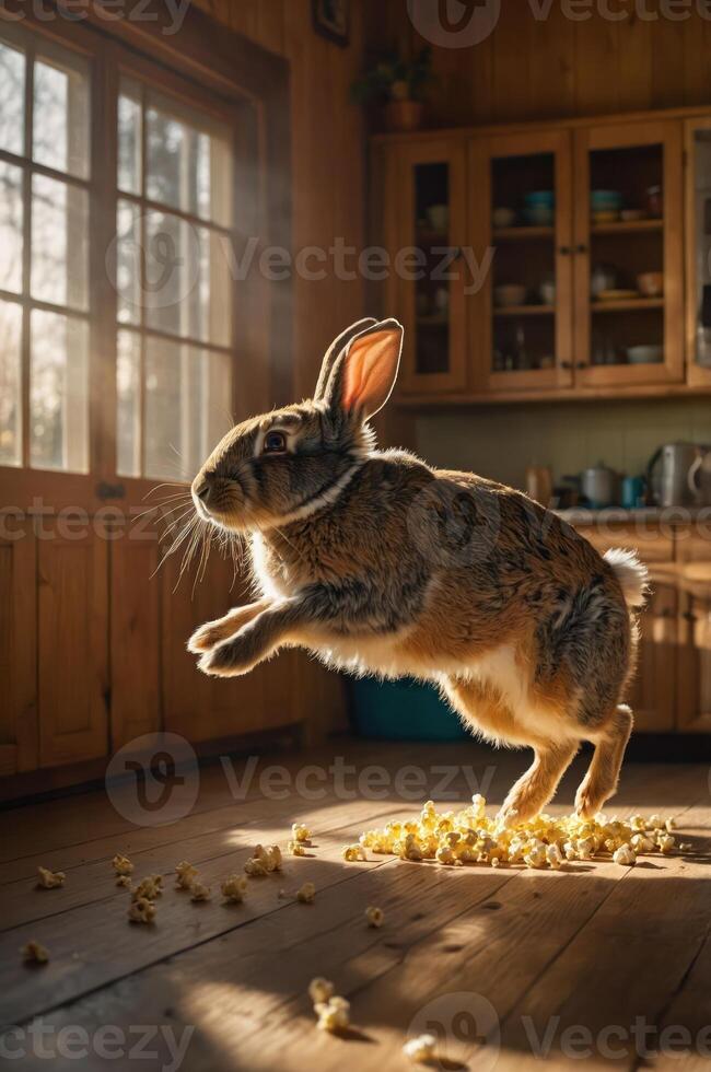 A rabbit leaps joyfully in a sunlit kitchen, surrounded by scattered popcorn. photo