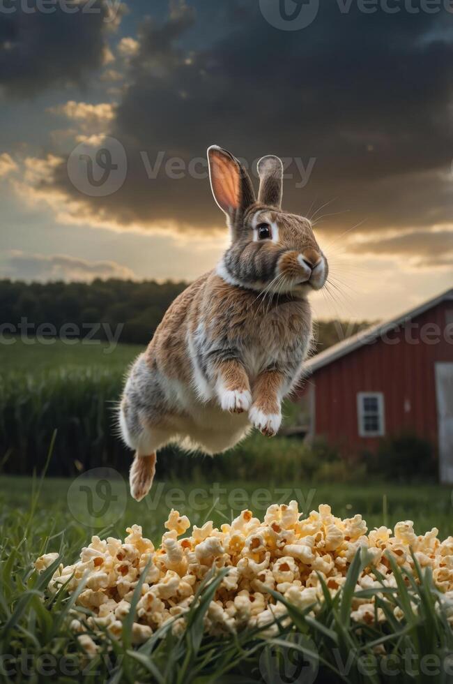 A rabbit leaps over a pile of popcorn in a scenic farm setting at sunset. photo