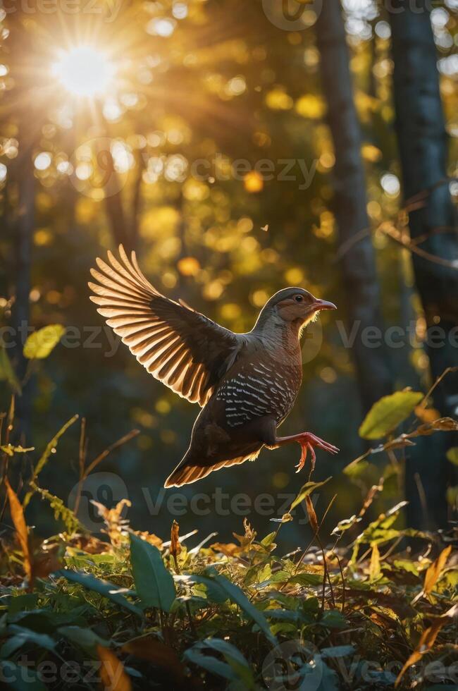 A bird in mid-flight with sunlight filtering through trees, showcasing nature's beauty. photo